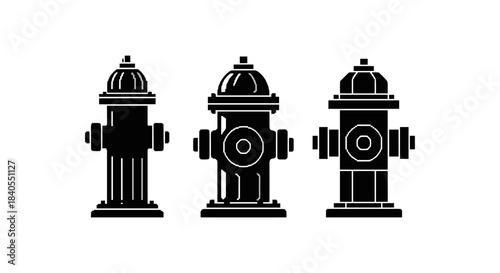 Silhouette set of three fire hydrants in classic designs on white background