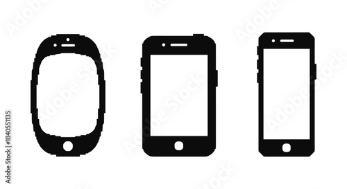 Evolution of mobile phones: retro to modern minimalist design in silhouette style
