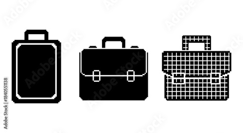 Pixel art bag icons: suitcase, briefcase, and satchel in retro style