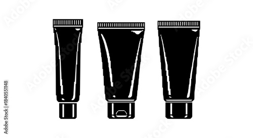 Black and white silhouette of three cosmetic tubes in line art style