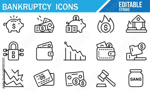 Bankruptcy court and asset liquidation outline symbol collection