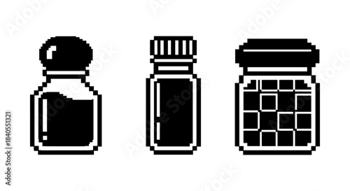 Pixel art jars: minimalist monochrome pixelated bottles and jars design collection