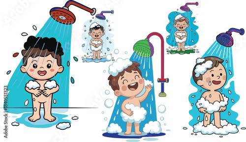 Happy smiling child taking a shower with soap bubbles and water drops, fun cartoon illustration of clean hygiene concept for kids