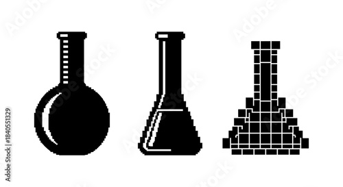 Pixel art chemistry flasks: retro laboratory icons in 8-bit style