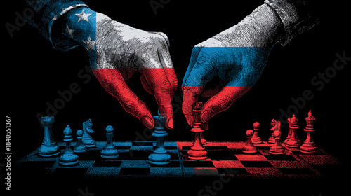 chess board match between usa and russia. hand with us flag colours playing chess against hand with russian flag colours. strategic geopolitical chess game illustration