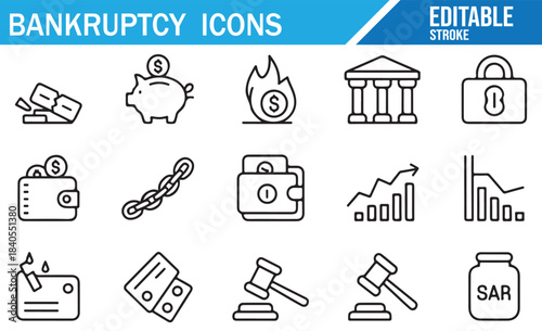Financial collapse and legal bankruptcy outline icon set