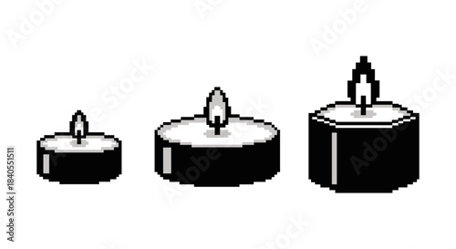 Retro pixel art candles in various sizes with flickering flames