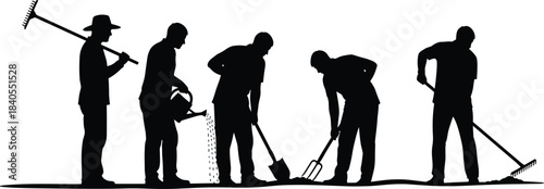 man raking soil, watering plants, shoveling earth, digging ground with fork, and leveling dirt for yard work or cultivation.