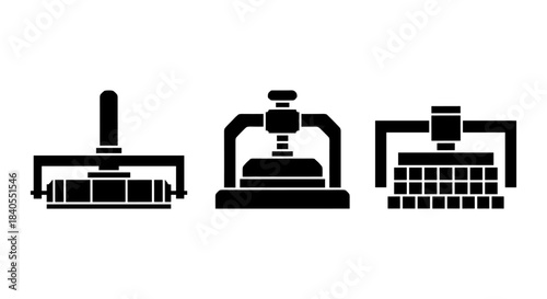 Silhouette of industrial press machines: roller, hydraulic, and mechanical