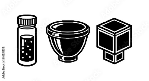 Monochrome icons of medicine vial, bowl, and cube in bold outline style