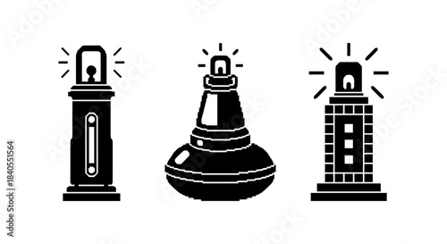 Minimalist lighthouse icons: nautical navigation in bold silhouette