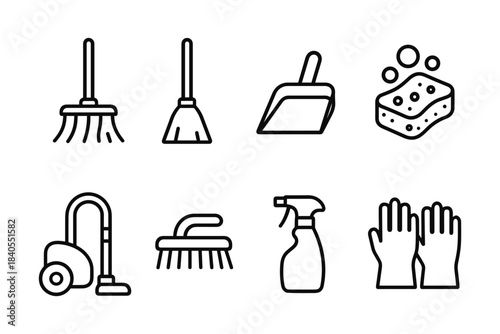 Cleaning tools icon set: broom, dustpan, vacuum, spray bottle, gloves, sponge