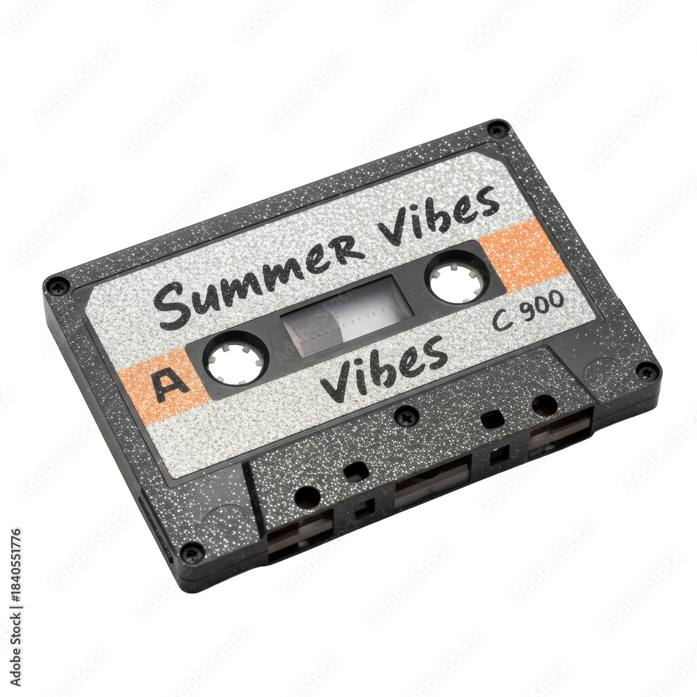 Obraz premium high-key, hyperdetailed studio product photo of a retro dark gray audio cassette with a reflective silver glitter label. retro holiday music concept