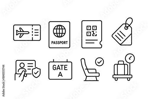 Essential travel icons: passport, boarding pass, luggage, and more in clean linear design
