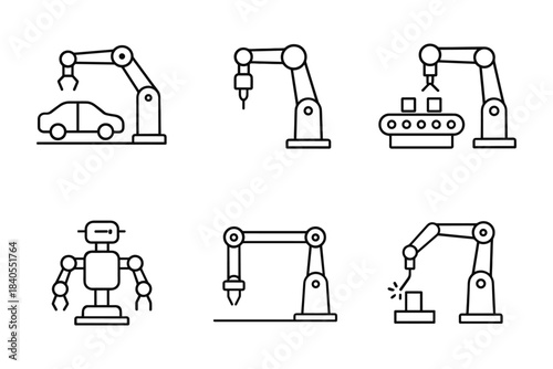 Minimalist robotics: automation in industry with linear style icons for manufacturing and production