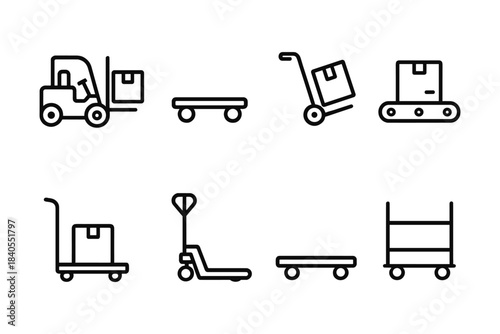 Warehouse equipment icons: forklift, pallet, hand truck, and conveyor line art