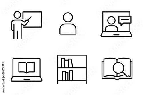 Education and learning line icons: online courses, teaching, and study tools