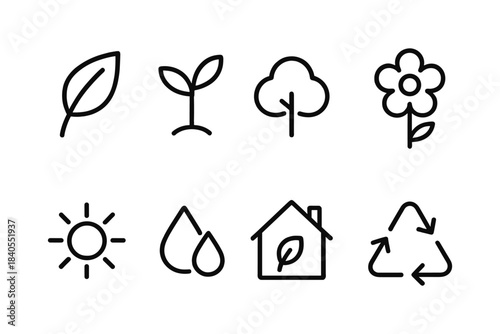 Eco-friendly icon set featuring nature and sustainability symbols in linear style