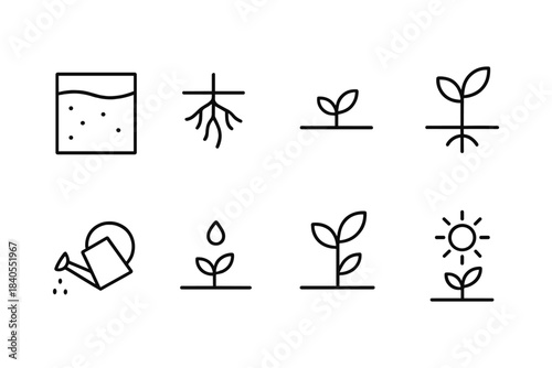 Thin line icons depicting plant growth stages and gardening elements