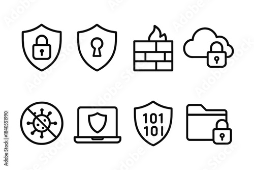 Cybersecurity icons collection featuring shield, lock, firewall, and cloud protection in linear style