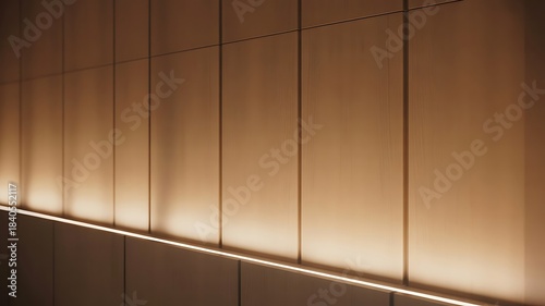 Warm ambient linear lighting illuminates vertical wood paneling creating a sophisticated and modern architectural background texture