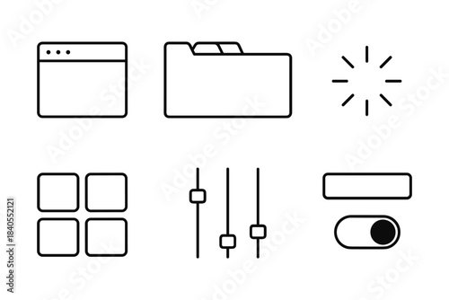 Minimalist technology icons: web browser, folder, loading, widgets, sliders, toggle switch