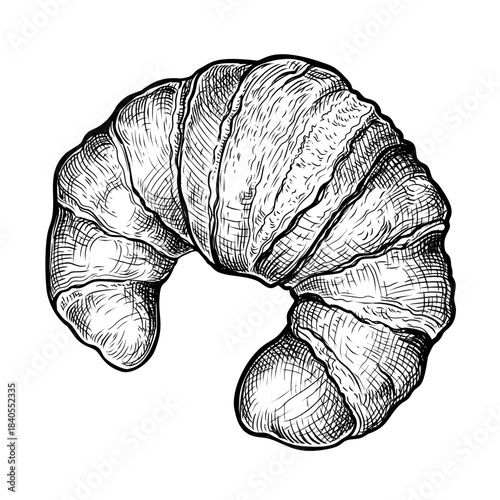 Vector illustration of a Croissant. Hand drawn sketch of French Viennoiserie in a crescent shape made from a laminated yeast dough. Sweet baked breakfast pastries. Food menu design element