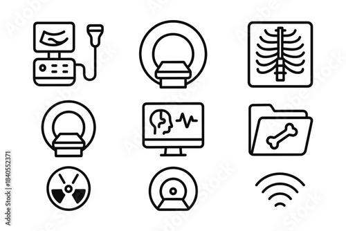 Medical imaging icons: mri, x-ray, ct scan, ultrasound, radiology essentials in modern healthcare