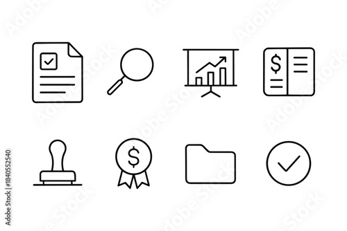 Business and finance icons: minimalist linear design for reports and data analysis