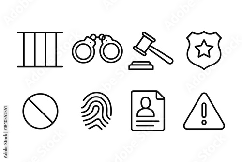 Criminal justice icons: linear law enforcement and legal symbols collection