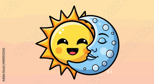 Cute Cartoon Sun and Moon Hugging Together.