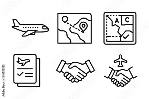 Travel icons: flight, maps, tickets, and agreements in linear style