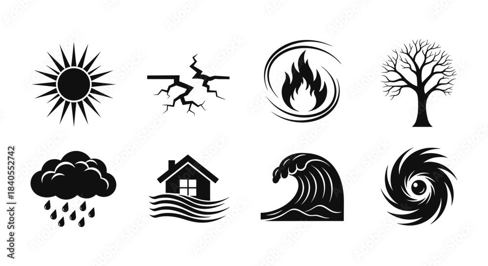 Obraz premium Black and white natural disaster icons in silhouette style