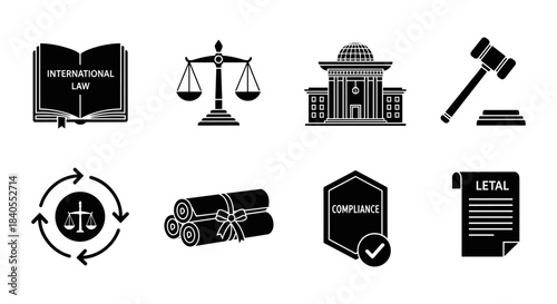 Set of legal and compliance icons in black silhouette style for law themed designs