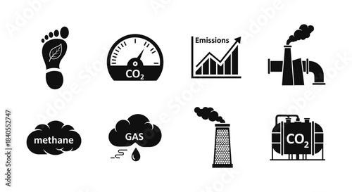 Reducing carbon footprint: emissions, methane, co2, and factory pollution icons
