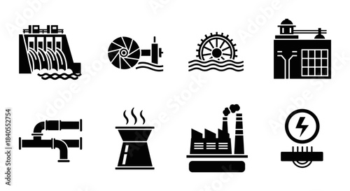 Essential energy icons: renewable, industrial, and utility silhouettes