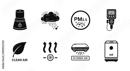 Air quality and filtration icons featuring pm2.5, clean air, and rain elements