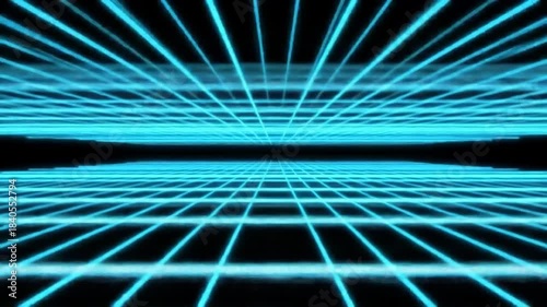 Illuminated perspective grid formation in shades of blue against dark abyss background