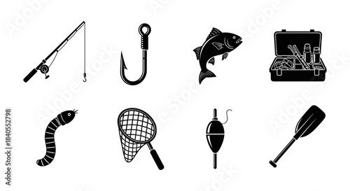 Collection of fishing gear icons: rod, hook, fish, tackle box, and more