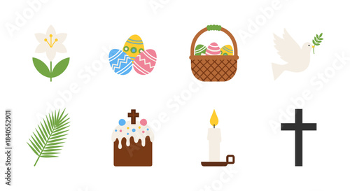 Easter icons collection: eggs, cross, candle, dove, basket, and floral elements