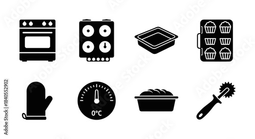 Kitchen baking essentials: oven, mitt, timer, baking tray, utensils, cupcake pan icons