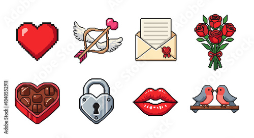 Romantic pixel art icons: hearts, love letters, and valentine's symbols collection