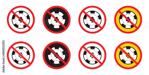 Prohibition sign no gambling chips vector icon.  Casino or gambling is illegal. Casino prohibited. Ban Poker icon Vector design.