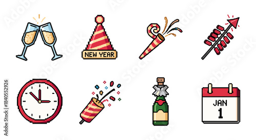 Festive new year icons featuring party hats, clocks, and champagne bottles