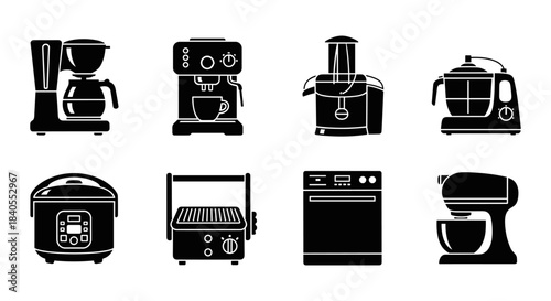 Kitchen appliance silhouettes: coffee maker, juicer, mixer, and more