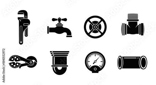 Silhouette plumbing tools and fixtures icons set