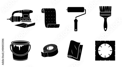Silhouette painting tools: sander, roller, brush, bucket, and tape icons set