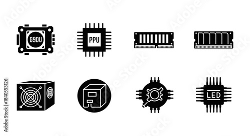 Silhouette icons of computer components and chips for tech projects