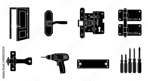 Black silhouette door hardware and tools collection for home improvement