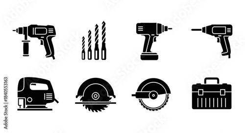 Silhouette collection of power tools with drill bits and toolbox icons